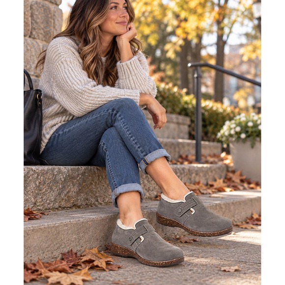 Earth Origins Shoes - Earth Origins Aurora Jade Grey Suede Faux Fur Lined Cork Slip On Shoes 7